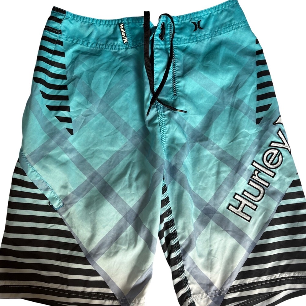 Hurley Board Shorts Boys 16 Teal Black Plaid Swim Surf Trunks Drawstring 28‎